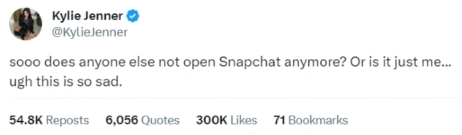 Kylie Jenner tweete sur le fait de ne pas utiliser Snapchat