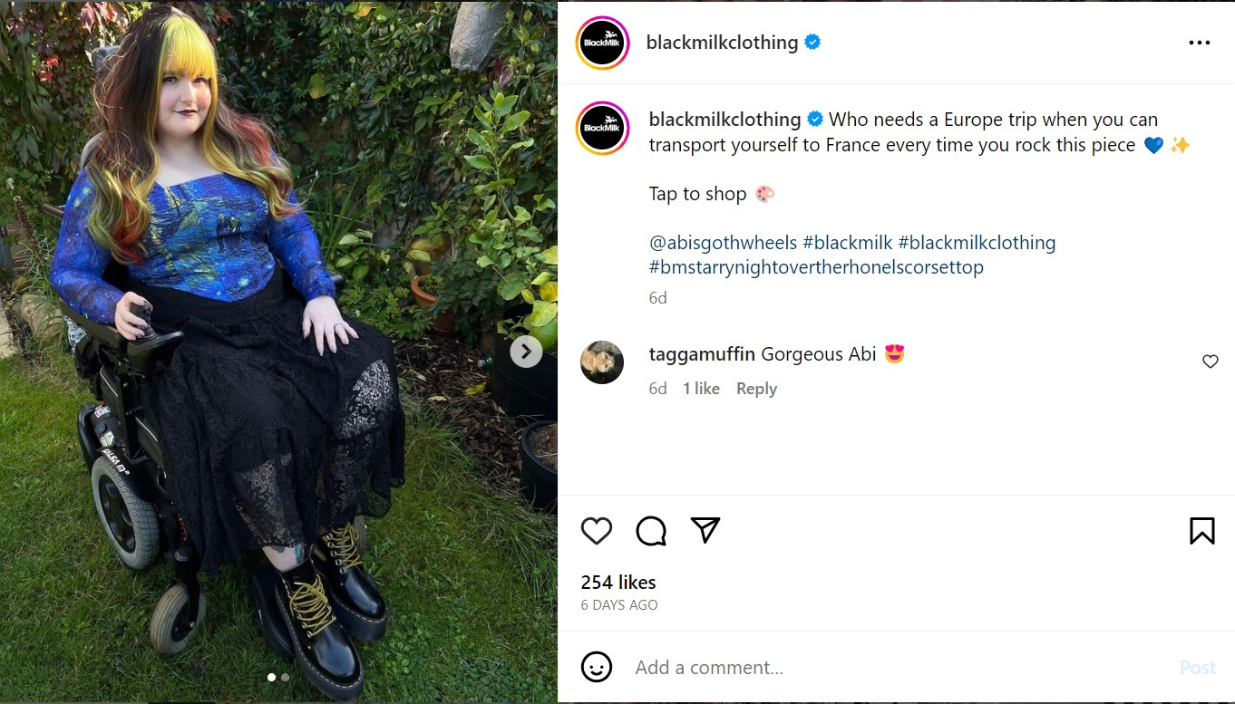 Capture d'écran UGC d'un ventilateur de marque de vêtements Blackmilk
