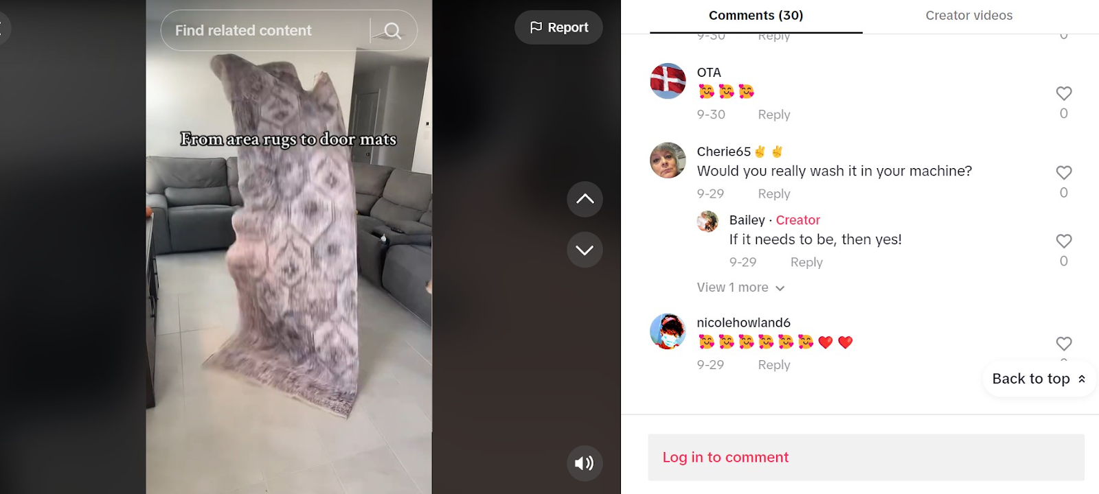 Bailey Post Capture promeut un tapis et répond aux commentaires