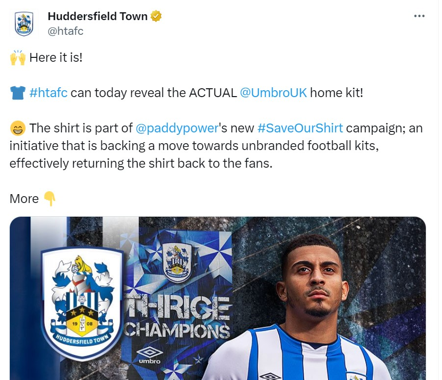 Capture d'écran du Huddersfield Town Post révélant sa chemise de football. 