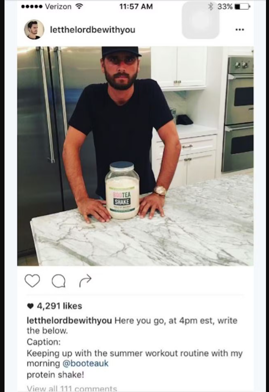 Scott Disick a échoué à la capture d'écran de promotion pour les shakes de protéines de bootauk.