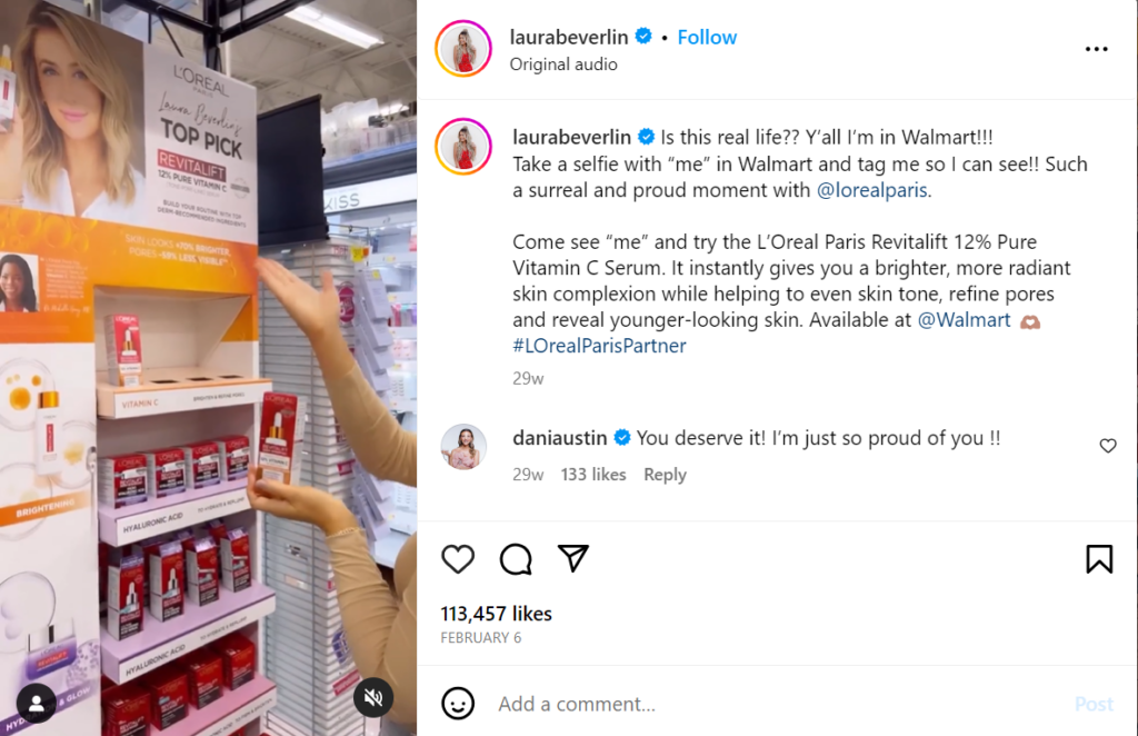 Capture d'écran du poste parrainé par Laura Beverlin à Loreal Paris.