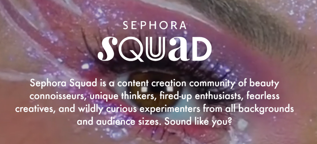 Capture d'écran des influenceurs promotionnels de recrutement d'en-tête de l'escadron Sephora.