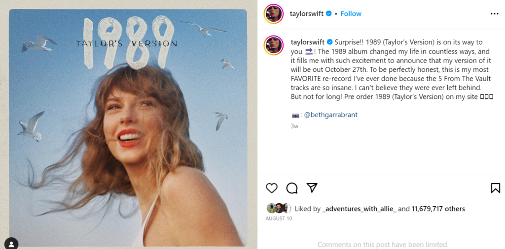 Post Post Capture de Taylor Swift, faisant la promotion de la sortie de l'album de 1989.