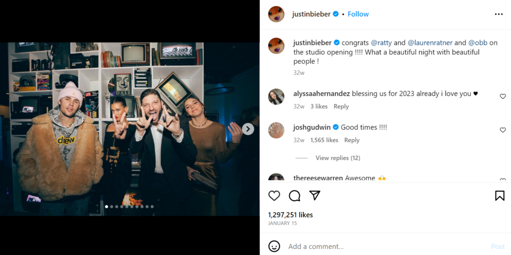 Capture d'écran de la publication de Justin Bieber partageant une nouvelle ouverture de studio.