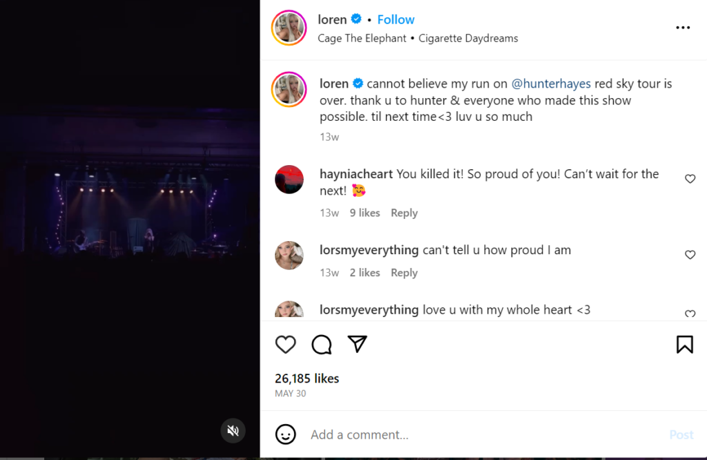 Capture d'écran Gray Loren partageant la tournée Hunter Hayes Red Sky.