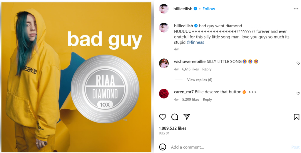 La capture d'écran de Billie Eilie partageant son méchant remportant Riaa Diamond.