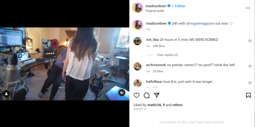 La capture du post de Madison Beer en partageant votre temps d'enregistrement.