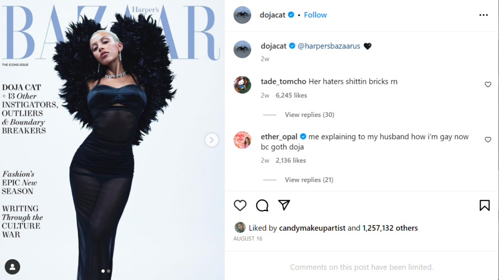 Capture de l'OST de l'OST de Doja Cat partageant sa couverture de magazine Bazaar.