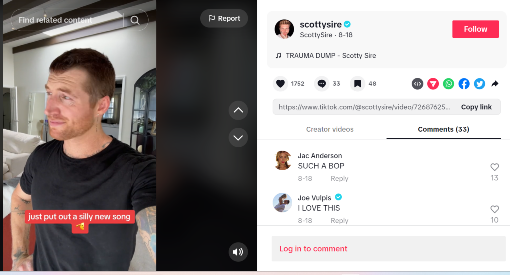 Capture d'écran Scotty Sire Partageant une nouvelle chanson sur Tiktok.