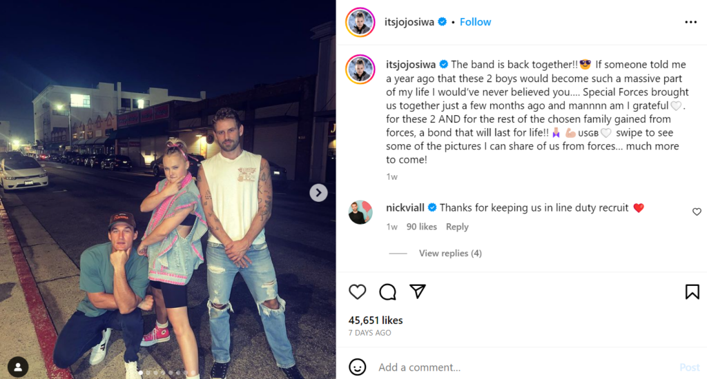 Capture d'écran de JoJo Siwa Post annonçant que son groupe est à nouveau ensemble.