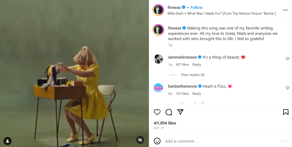 Capture d'écran Instagram de Finnea partageant le travail de votre sœur au film Barbie.