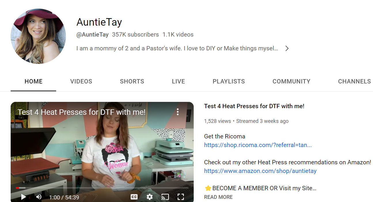 Capture d'écran de la page de profil @Auntietay sur YouTube et la dernière vidéo