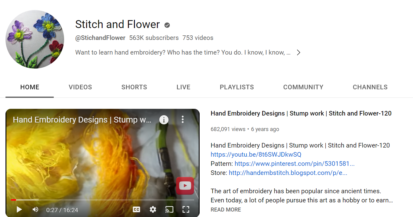 Capture d'écran de la page de profil YouTube @stichandflower YouTube