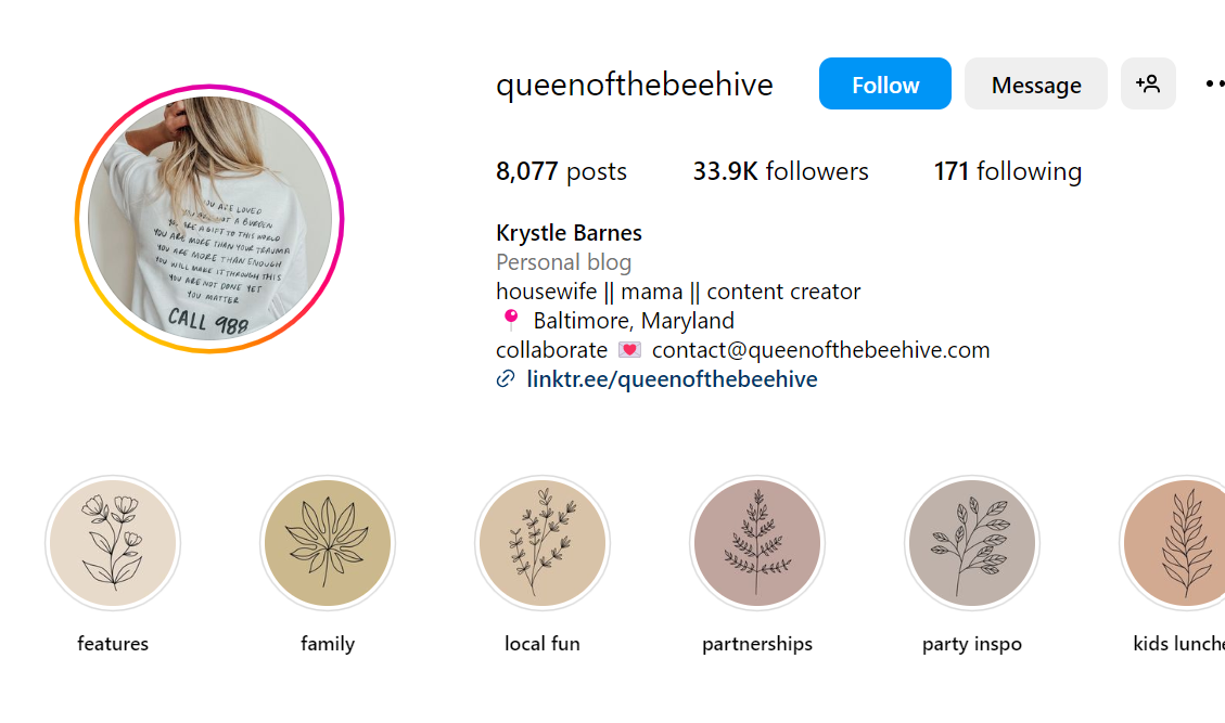 Capture d'écran de la page de profil Instagram @QueenoftheBeeHive