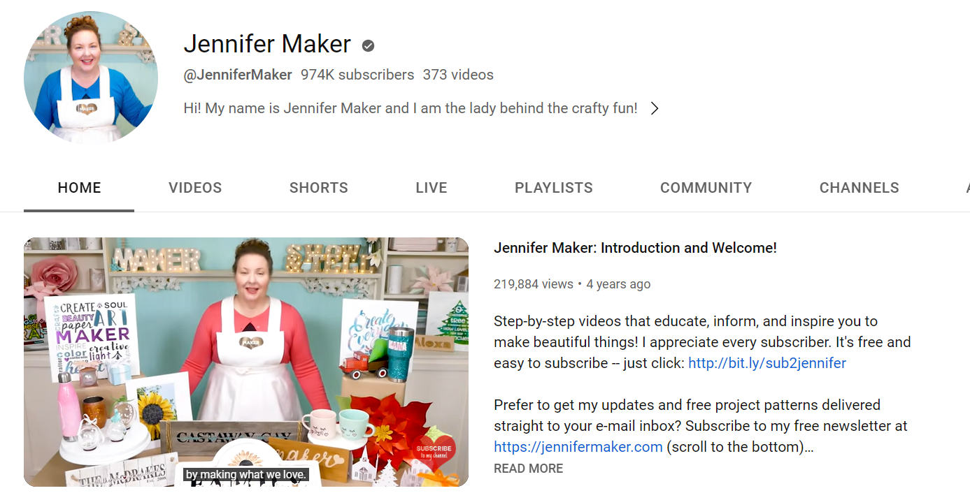 Capture d'écran de la page de profil YouTube @jennifermaker
