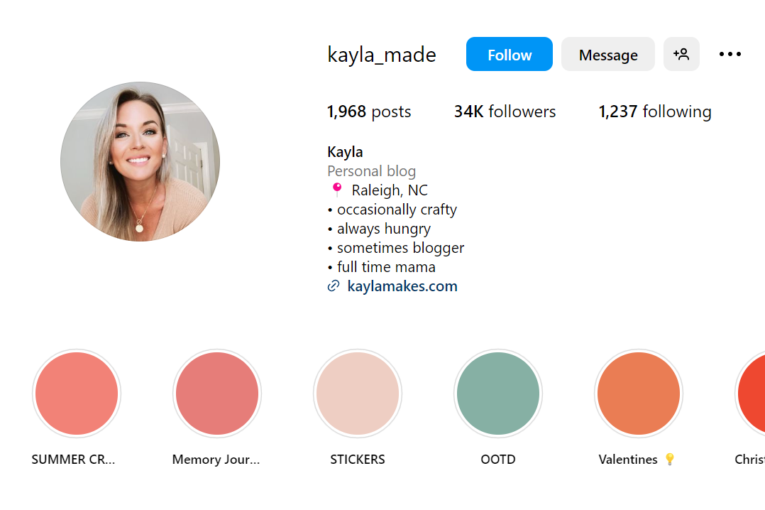 Capture d'écran de la page de profil Instagram @kayla_made