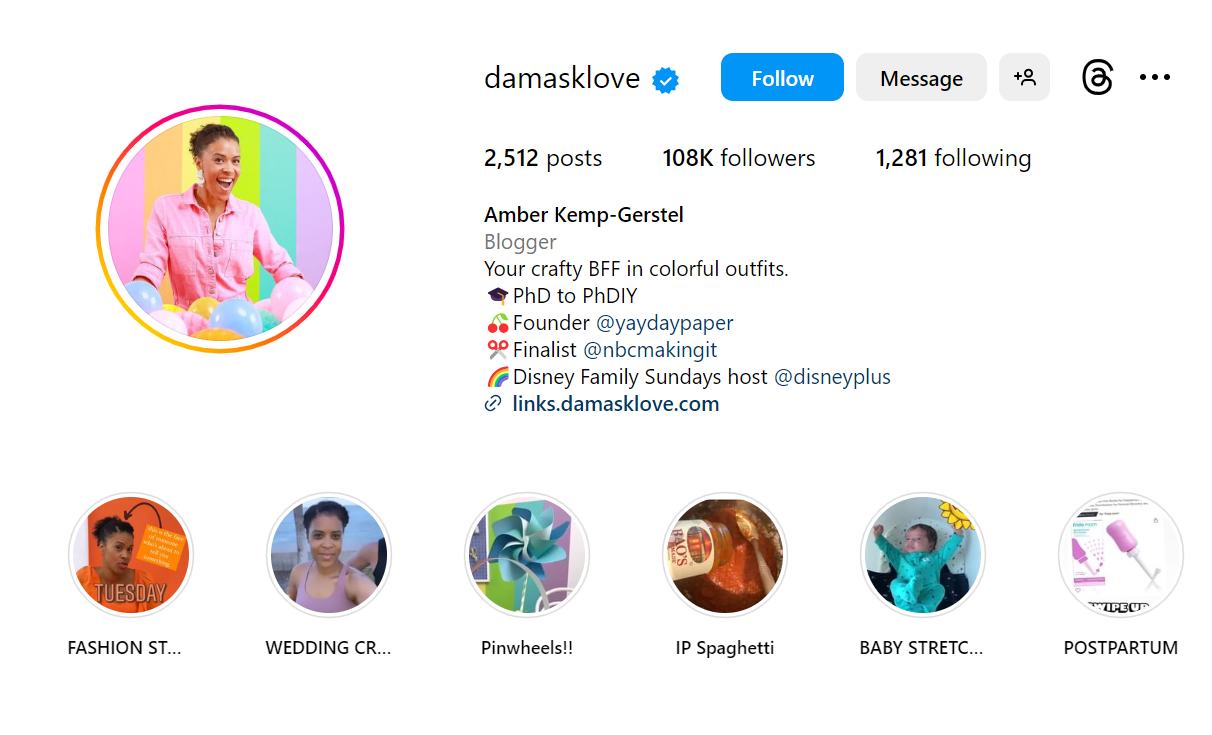 Capture d'écran de la page de profil Instagram @damasklove