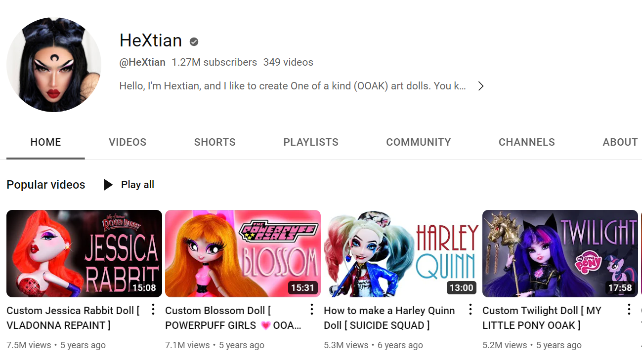 Capture d'écran de la page de profil @hextian sur YouTube
