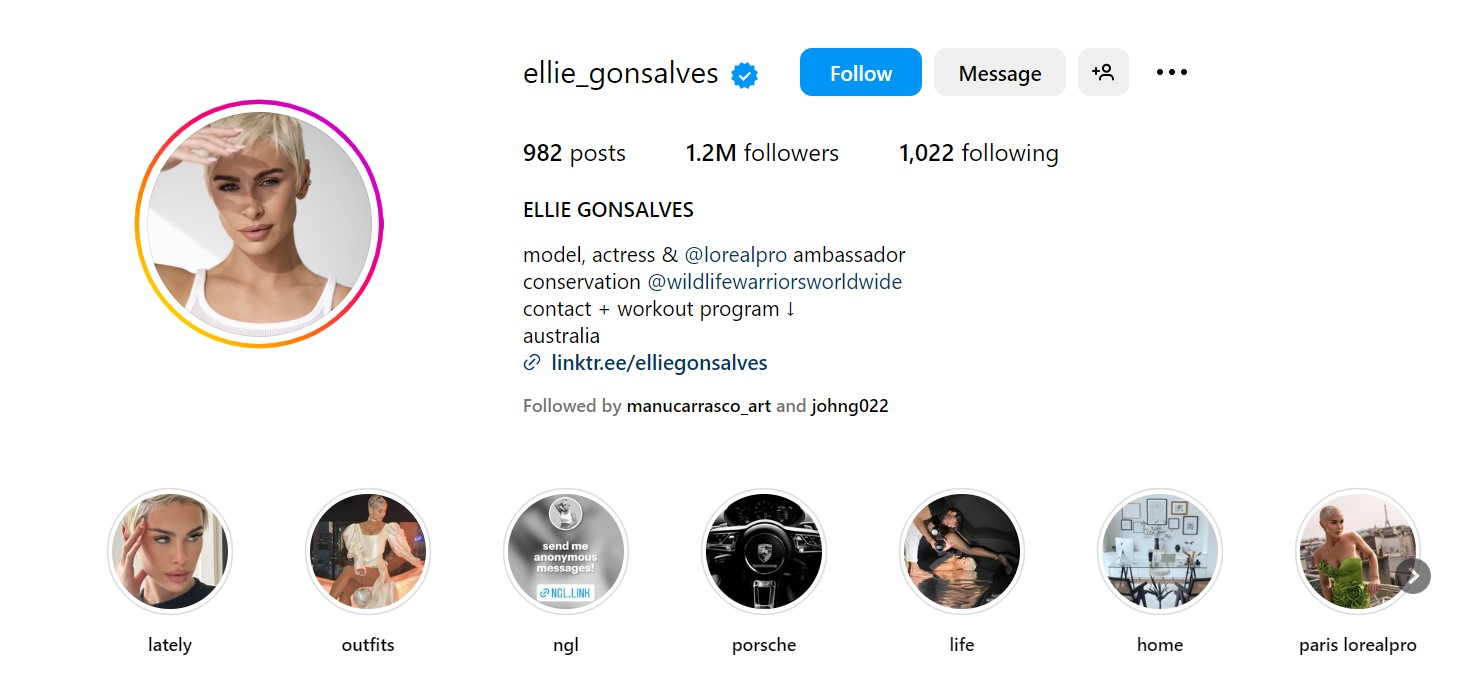Ellie Gonsalves Bio Screen Capture sur Instagram