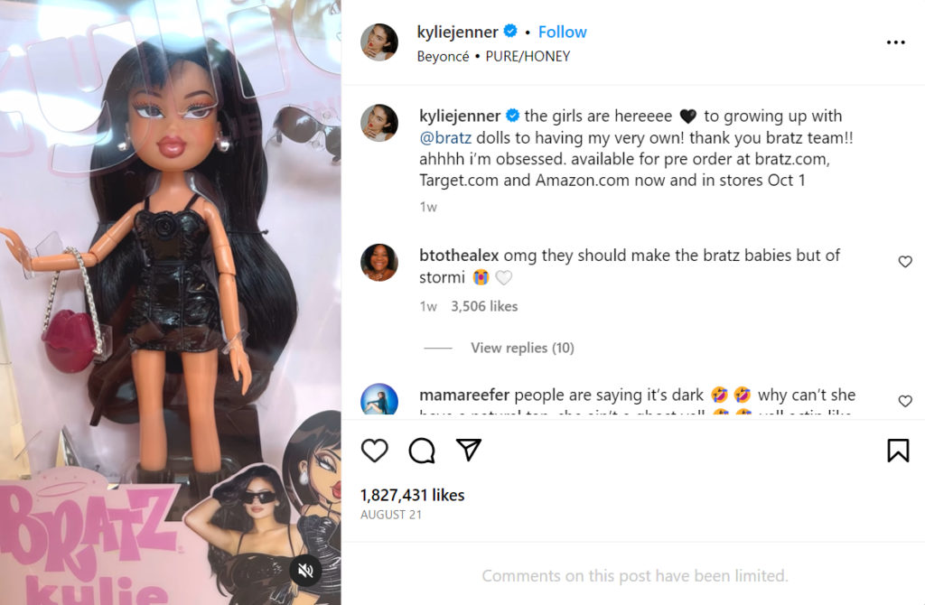 La capture du post de Kylie Jenner sur sa poupée Bratz.