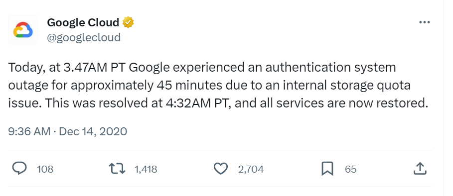 Capture d'écran d'une publication Google en adressant l'interruption. 