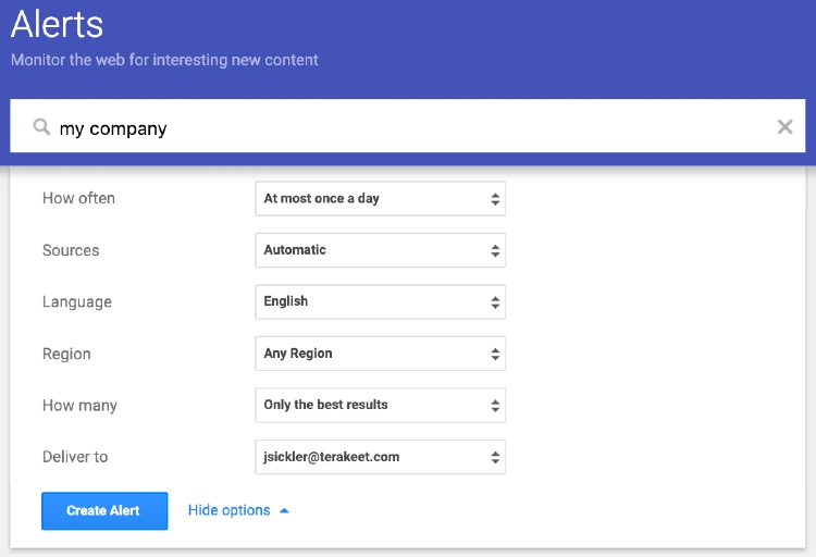 Google Alertes | Paramètres | Mentions de surveillance en ligne