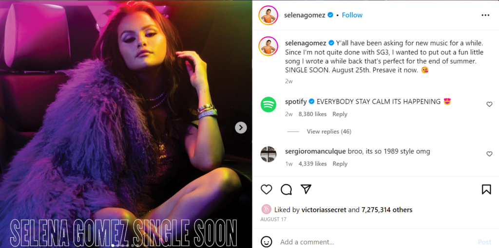Capture d'écran Selena Gomez sur Instagram faisant la promotion de votre nouvelle chanson. 