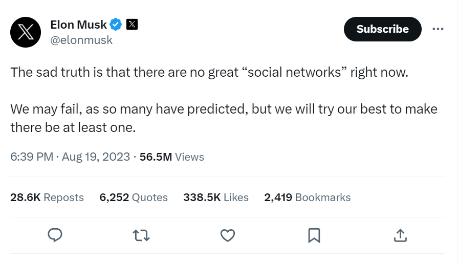 Capture d'écran de tweet d'Elon Musk suggérant que X peut échouer. 