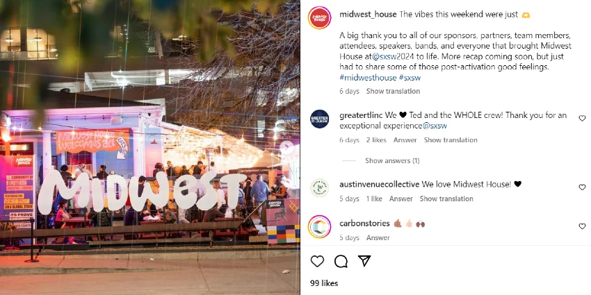 Post IG de la maison du Middle -oeste | Promotion SXSW | Marketing des influenceurs