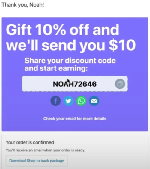 Exemple de message de confirmation de commande, y compris le code de réduction