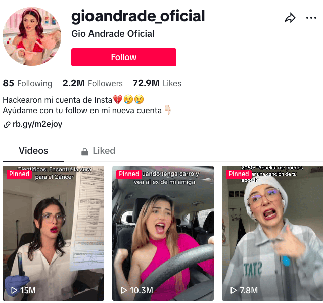 La chaîne Tiktok de Gio Andrade montrant des vidéos fixes
