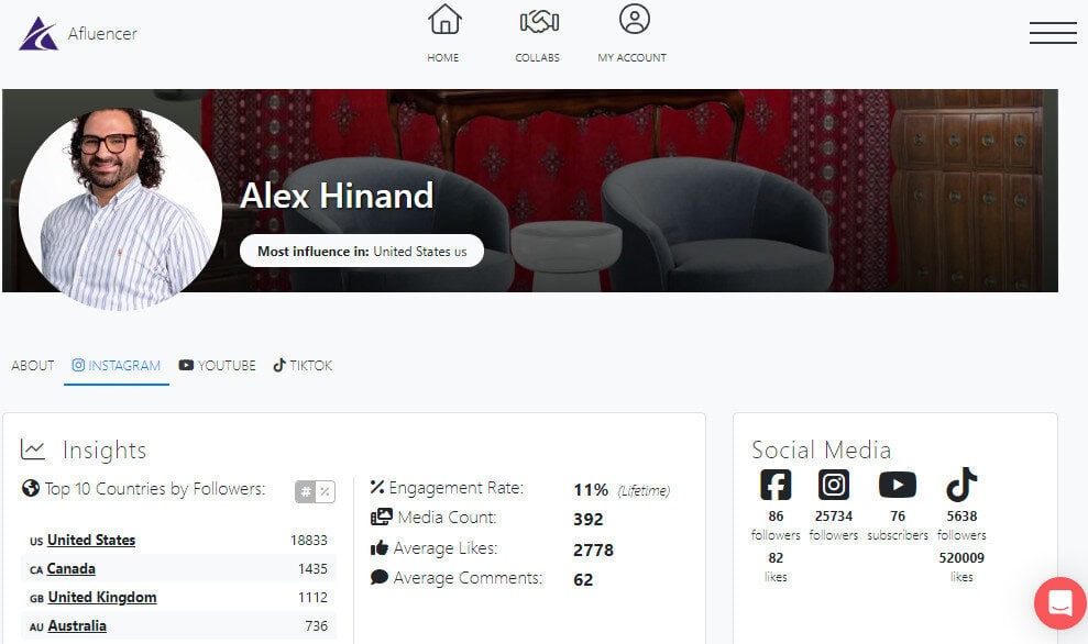 Alex Hinand | Profil Afluencer | Micro-influences pour les petites entreprises