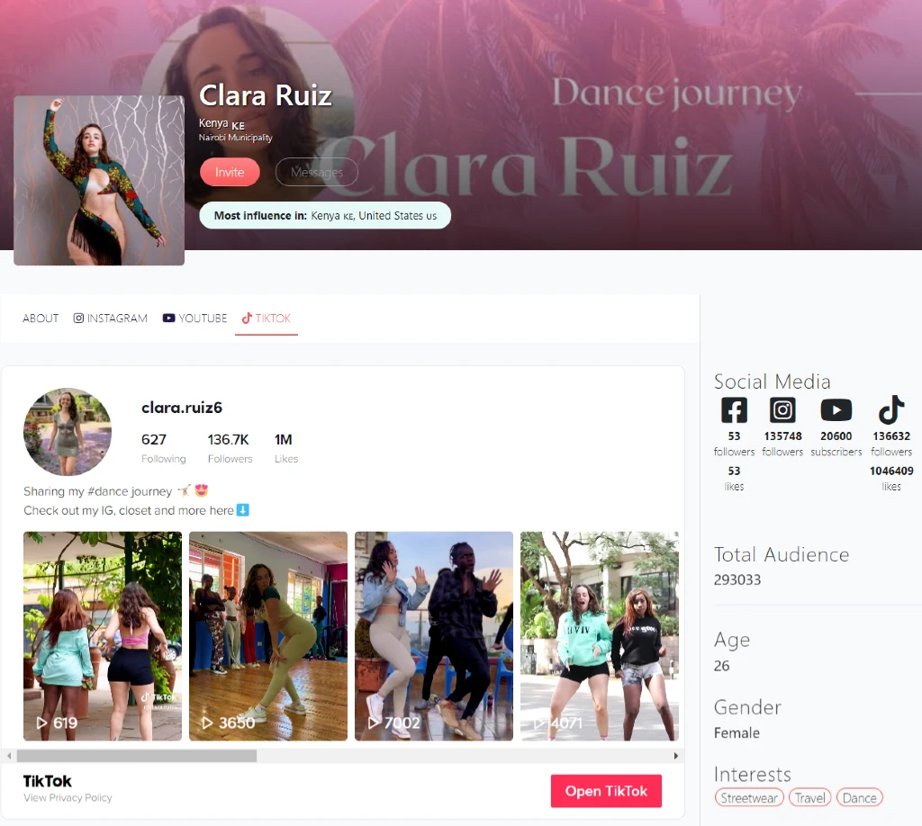 Clara Ruiz do Kenya | Tiktok Insights sur le profil de la richesse