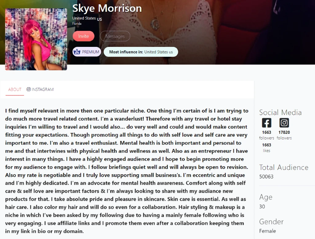 Skye Morrison dans l'affluce | Bio Recluence | Frais de collaboration des influenceurs