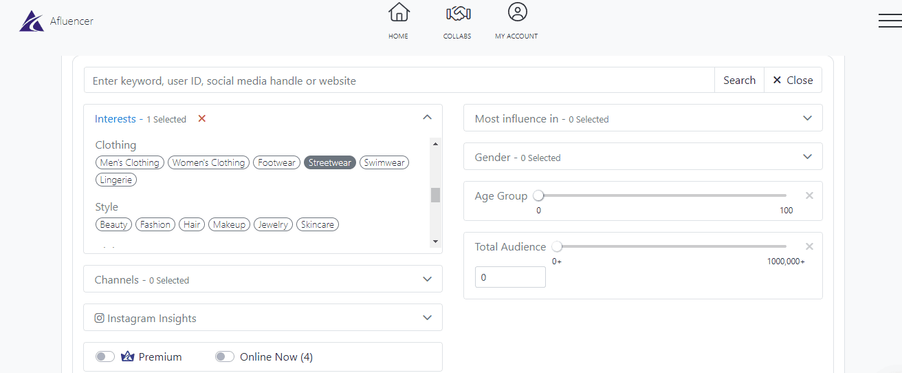 Filtres d'application Afluencer pour trouver des micro-influendeurs | Cultiver une entreprise de dropshipping
