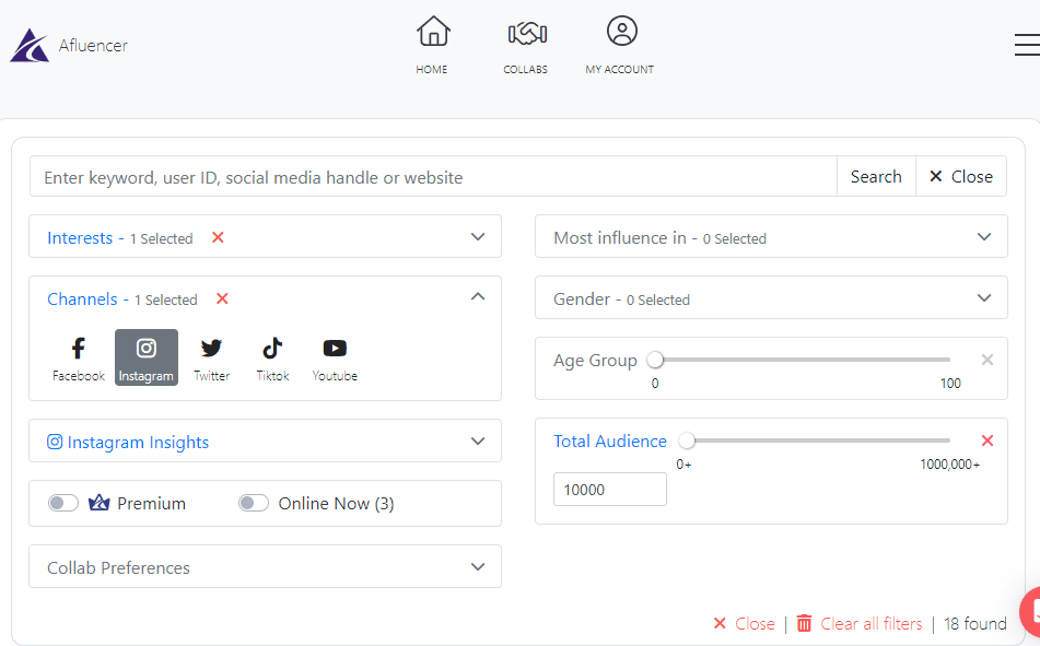 Filtre Options de recherche d'influenceurs | Application afluencer